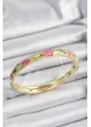 Mineli Pirinç Pembe Ve Hardal Çiçek Motifli Gold Renk Kadın Kelepçe