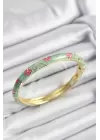 Mineli Pirinç Pembe Ve Yeşil Çiçek Motifli Gold Renk Kadın Kelepçe