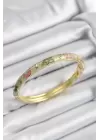 Mineli Pirinç Pembe Ve Yeşil Çiçek Motifli Gold Renk Kadın Kelepçe