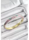 Mineli Pirinç Pembe Ve Yeşil Yaprak Motifli Gold Renk Kadın Kelepçe