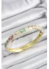 Mineli Pirinç Pembe Yeşil Ve Krem Çiçek Motifli Gold Renk Kadın Kelepçe