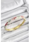 Mineli Pirinç Pembe Yeşil Ve Krem Çiçek Motifli Gold Renk Kadın Kelepçe