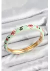 Mineli Pirinç Su Yeşili Çiçek Motifli Gold Kadın Kelepçe