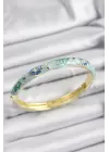 Mineli Pirinç Turkuaz Ve Mavi Çiçek Motifli Gold Renk Kadın Kelepçe