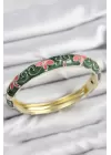 Mineli Pirinç Yeşil Çiçek Motifli Gold Kadın Kelepçe