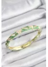 Mineli Pirinç Yeşil Ve Krem Çiçek Motifli Gold Renk Kadın Kelepçe