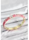 Mineli Pirinç Zirkon Taşlı Pembe Çiçek Motifli Gold Kadın Kelepçe