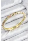 Mineli Pirinç Zirkon Taşlı Pembe Çiçek Motifli Gold Kadın Kelepçe