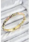 Mineli Pirinç Zirkon Taşlı Pembe Mor Çiçek Motifli Gold Kadın Kelepçe