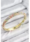 Mineli Pirinç Zirkon Taşlı Pembe Mor Çiçek Motifli Gold Kadın Kelepçe