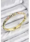 Mineli Pirinç Zirkon Taşlı Pembe Mor Çiçek Motifli Gold Kadın Kelepçe