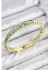 Mineli Pirinç Zirkon Taşlı Turkuaz Çiçek Motifli Gold Kadın Kelepçe