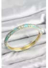 Mineli Pirinç Zirkon Taşlı Turkuaz Çiçek Motifli Gold Kadın Kelepçe