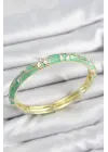 Mineli Pirinç Zirkon Taşlı Yeşil Çiçek Motifli Gold Kadın Kelepçe