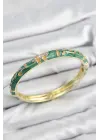 Mineli Pirinç Zirkon Taşlı Yeşil Çiçek Motifli Gold Kadın Kelepçe