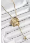 Pirinç Asansörlü Gül Model Gold Renk Kadın Kolye