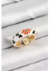 Pirinç Beyaz Mineli Çiçek Motifli Gold Renk Ayarlanabilir Kadın Yüzük