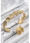 Pirinç Çiçek Model Gold Renk Bileklik Yüzük Set