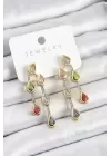 Pirinç Çoklu Damla Model Karşık Zirkon Taşlı Gold Ve Gümüş Renk Kadın Küpe