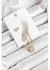 Pirinç Fiyonk ve Kalp Figürlü Zirkon Taşlı Gold Renk 3lü Kıkırdak Kadın Küpe Set