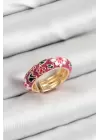 Pirinç Fuşya Mineli Çiçek Motifli Gold Renk Ayarlanabilir Kadın Yüzük