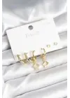 Pirinç Gold Renk 925 Ayar Gümüş Çivili Kadın Küpe Seti