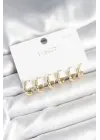 Pirinç Gold Renk Baklalı Halka 925 Gümüş Çivi Kadın Küpe Seti