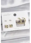 Pirinç Gold Renk Burgu Halka Model Zirkon Taşlı Kare Detay 3 Çift Kadın Küpe Seti