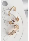 Pirinç Gold Renk Kare Model Zirkon Taşlı 3Lü Model Kadın Kıkırdak Küpe