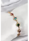 Pirinç Gold Renk Karışık Renk Kalp Zirkon Taşlı Kadın Bileklik