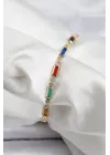 Pirinç Gold Renk Karışık Renkli Kare Zirkon Taşlı Kadın Bileklik