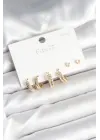 Pirinç Gold Renk Zirkon Taşlı 925 Gümüş Çivili Kadın Küpe Seti
