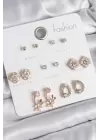 Pirinç Gold Renk Zirkon Taşlı Çiçek Figür 7 Çift Kadın Küpe Seti