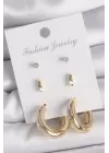 Pirinç Gold Renk Zirkon Taşlı Halka Model 3 Çift Kadın Küpe Seti