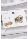 Pirinç Gold Renk Zirkon Taşlı Halka Model Burgu Detay 3 Çift Kadın Küpe Seti