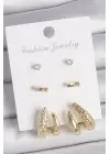Pirinç Gold Renk Zirkon Taşlı İşlemeli Motif Model 3 Çift Kadın Küpe Seti