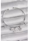 Pirinç Gümüş Renk Beyaz Sedefli Çiçek Figür Zirkon Taşlı Kelebek Detay Charm Bileklik