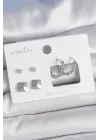 Pirinç Gümüş Renk Zirkon Taşlı Burgu Halka Model Kare Detay 3 Çift Kadın Küpe Seti