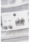 Pirinç Gümüş Renk Zirkon Taşlı Halka Model 3 Çift Kadın Küpe Seti