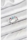 Pirinç Gümüş Renk Zirkon Taşlı Mavi Çiçekli Kadın Yüzük