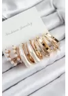 Pirinç İncili Halka Model Gold Renk Kadın Set Küpe