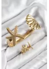 Pirinç İstiridye Ve Deniz Yıldızı Model Gold Renk Bileklik Yüzük Set