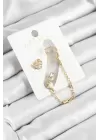 Pirinç Kalp Figürlü Zirkon Taşlı Gold Renk 3lü Kıkırdak Kadın Küpe Set