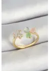 Pirinç Kalp Figürlü Zirkon Taşlı Gold Renk Ayarlanabilir Kadın Yüzük
