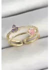 Pirinç Kalp Ve Çiçek Figürlü Zirkon Taşlı Gold Renk Ayarlanabilir Kadın Yüzük
