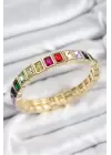 Pirinç Karışık Zirkon Taşlı Dikdörtgen Model Gold Renk Lastikli Kadın Bileklik