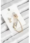 Pirinç Kelebek Figürlü Zirkon Taşlı Gold Renk 3lü Kıkırdak Kadın Küpe Set