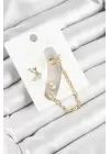 Pirinç Kelebek Figürlü Zirkon Taşlı Gold Renk 3lü Kıkırdak Kadın Küpe Set