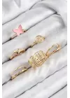 Pirinç Kelebek Ve Kalp Model Gold Renk Kadın Yüzük Kombin Set
