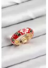 Pirinç Kırmızı Mineli Çiçek Motifli Gold Renk Ayarlanabilir Kadın Yüzük